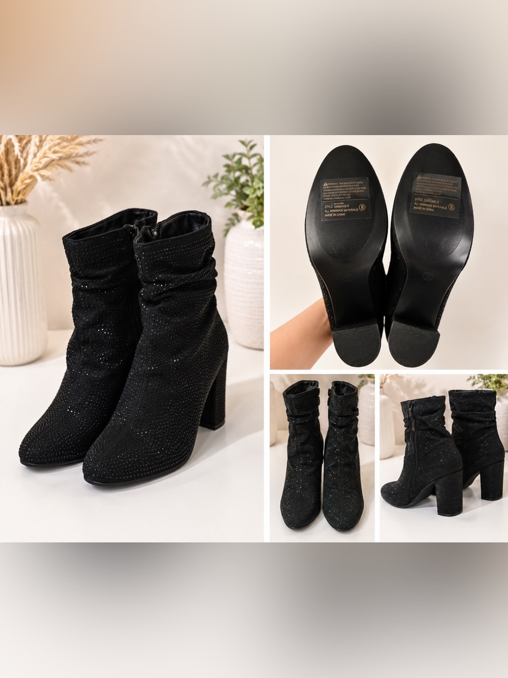 Women's Black Sparkle Suede Block Heel Ankle Boots